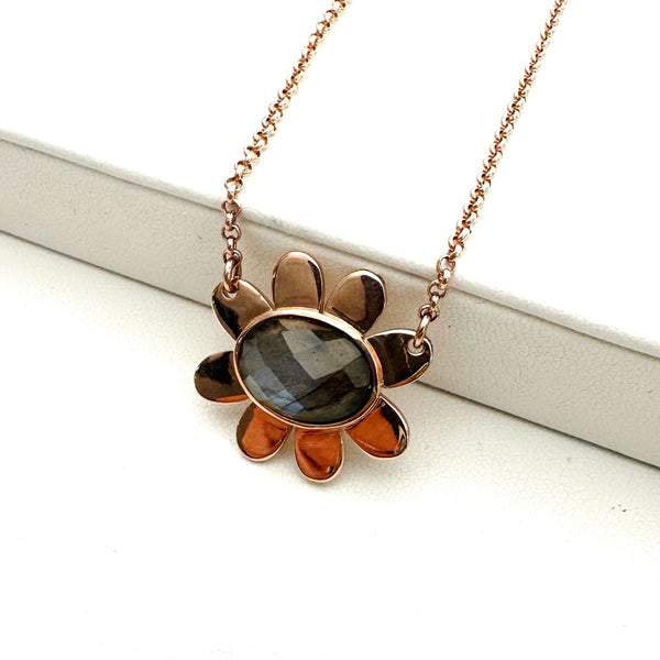 (MARKDOWN ALERT!) FACETED GRADE A LAB ROSE GOLD FLOWER NECKLACE (16-22") (DF9)