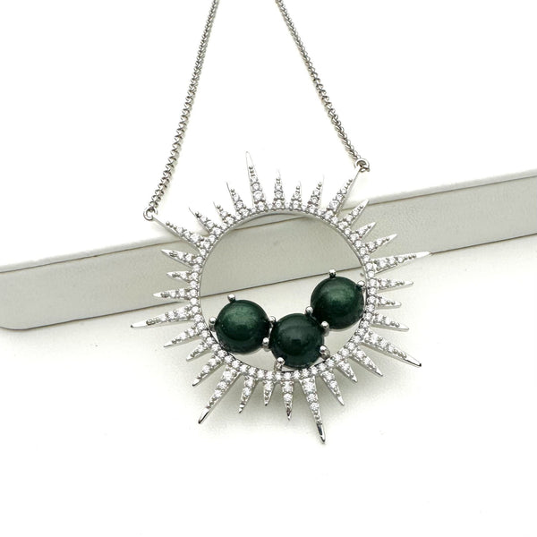 GREEN SUNSTONE PHOENIX NEST WITH WHITE SAPPHIRES NECKLACE BY HSPERA (DF16)