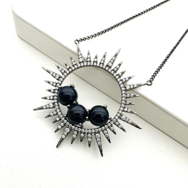 (MARKDOWN ALERT!) BLACK SUNSTONE PHOENIX NEST WITH WHITE SAPPHIRES NECKLACE IN GUNMETAL (16-22") (DF5)