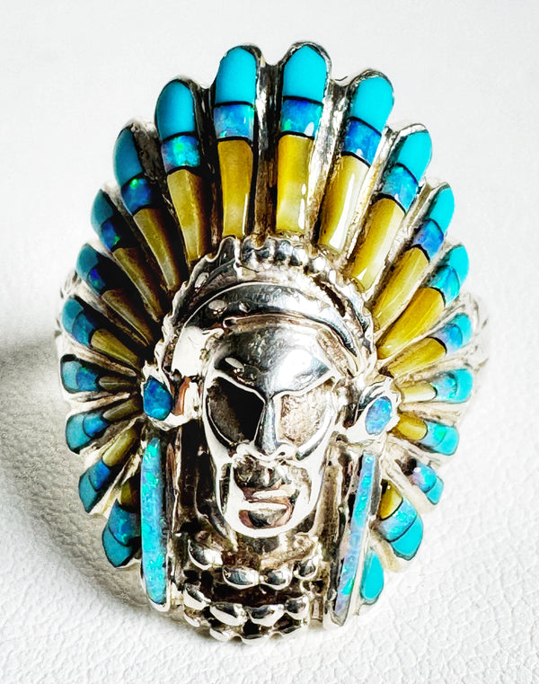 SLEEPING BEAUTY TURQUOISE WITH BLUE SPIDER OPAL & MOTHER OF PEARL HEADDRESS RING SIZE 9 (MW85)