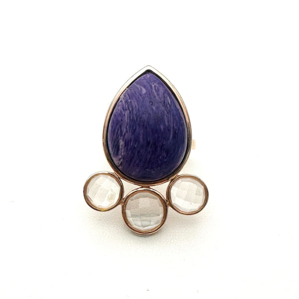 (MARKDOWN ALERT!) CHAROITE & FACETED WHITE QUARTZ ROSE GOLD RING (SIZE 7 AND ABOVE) (DF6)