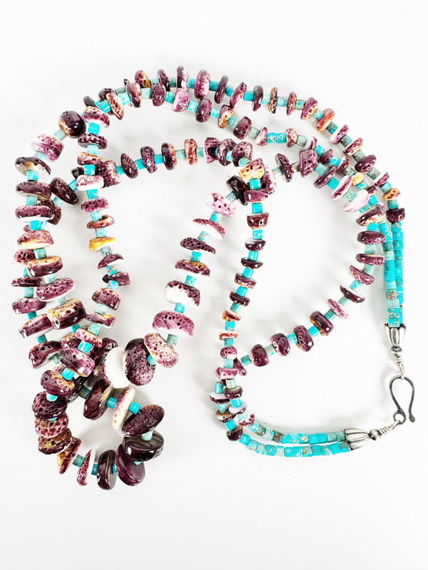 PURPLE SPINY OYSTER & KINGMAN TURQUOISE MULTISTRAND NECKLACE 30" (LB1)