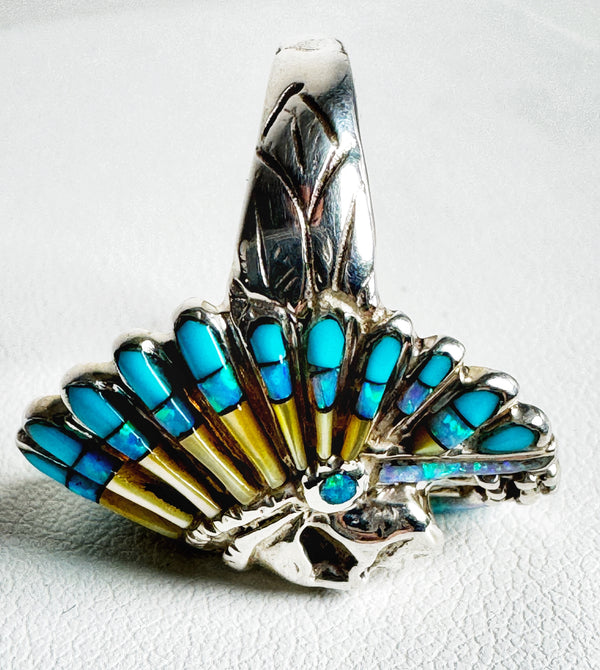 SLEEPING BEAUTY TURQUOISE WITH BLUE SPIDER OPAL & MOTHER OF PEARL HEADDRESS RING SIZE 9 (MW85)