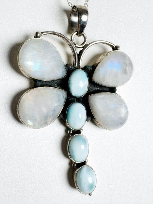 LARIMAR & RAINBOW MOONSTONE DRAGONFLY NECKLACE & PENDANT (MW82)