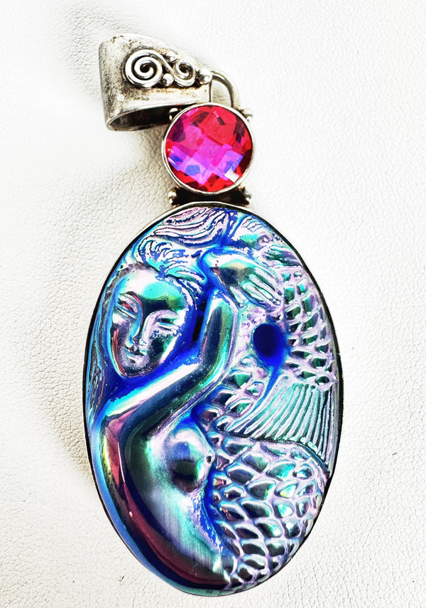 SUNSET QUARTZ MERMAID CARVED FIBER OPTICS PENDANT (RB19)