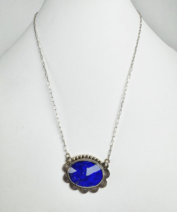 STERLING SILVER LAPIS LAZULI DOUBLET ADJUSTABLE NECKLACE 20" (RB33)