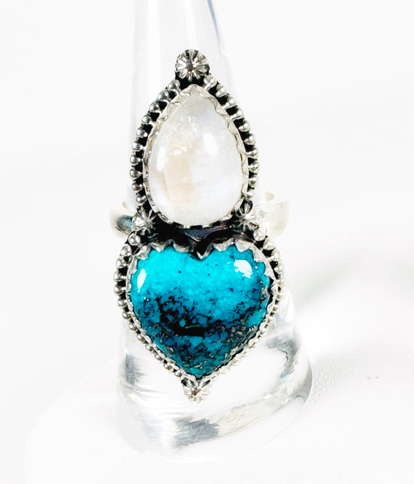 SPIDERWEB KINGMAN TURQUOISE RAINBOW MOONSTONE RING (SIZE 8 AND ABOVE)