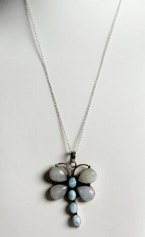 LARIMAR & RAINBOW MOONSTONE DRAGONFLY NECKLACE & PENDANT (MW82)