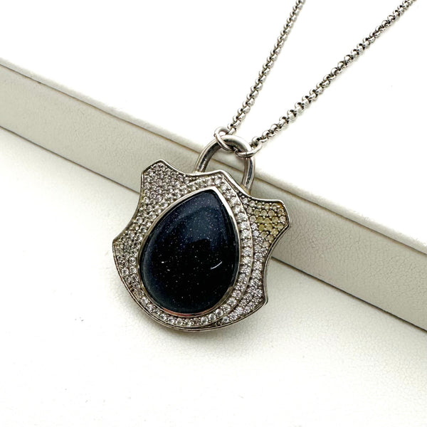 BLACK SUNSTONE & WHITE TOPAZ LOCK NECKLACE (16-22") (DF4)