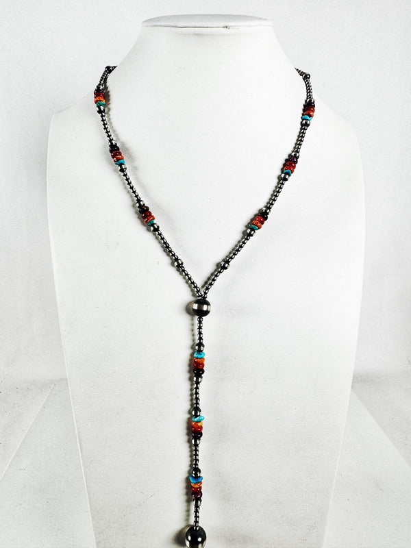 RAINBOW MULTISTONES NAVAJO PEARLS LARIAT 20" // 6" DROP (MW64)