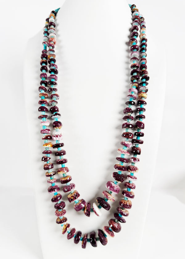 PURPLE SPINY OYSTER & KINGMAN TURQUOISE MULTISTRAND NECKLACE 30" (LB1)