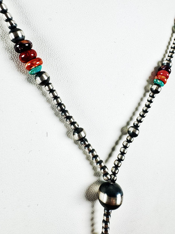 RAINBOW MULTISTONES NAVAJO PEARLS LARIAT 20" // 6" DROP (MW64)