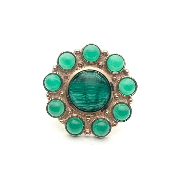 GREEN JADE AND MALACHITE IN ROSE GOLD ADJUSTABLE RING (SIZE 8 AND ABOVE) (DF15)