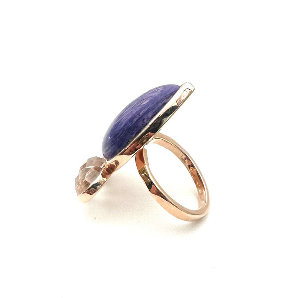 (MARKDOWN ALERT!) CHAROITE & FACETED WHITE QUARTZ ROSE GOLD RING (SIZE 7 AND ABOVE) (DF6)