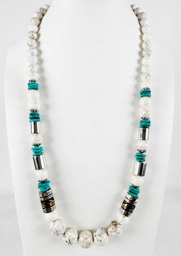 24" WHITE HOWLITE & KINGMAN TURQUOISE TOMMY SINGER BEADED NECKLACE