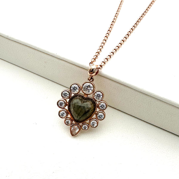 (MARKDOWN ALERT!) WHITE TOPAZ & GRADE A LAB PRINCESS HEART NECKLACE IN ROSE GOLD (DF30)