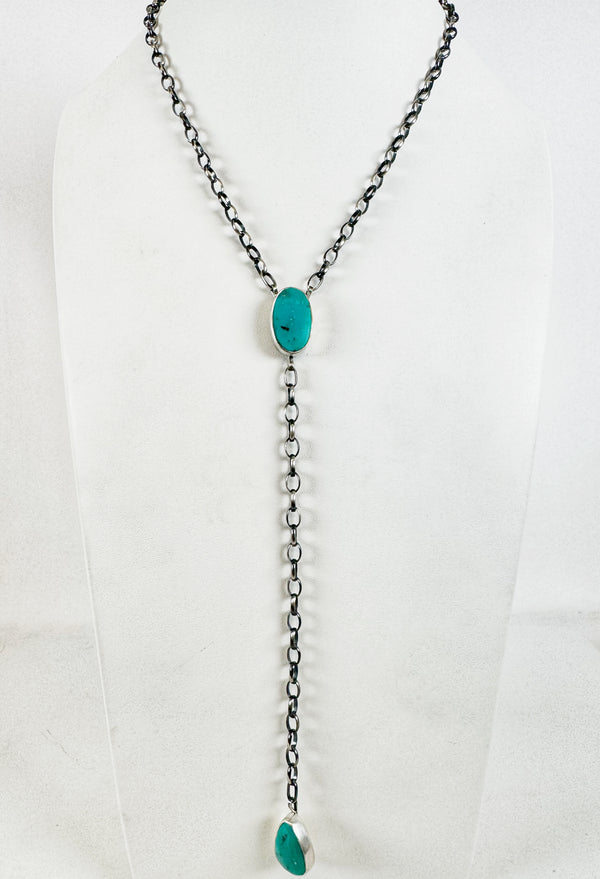 NATIVE HANDMADE KINGMAN TURQUOISE LARIAT SIGNED BY V.S. (MW104)