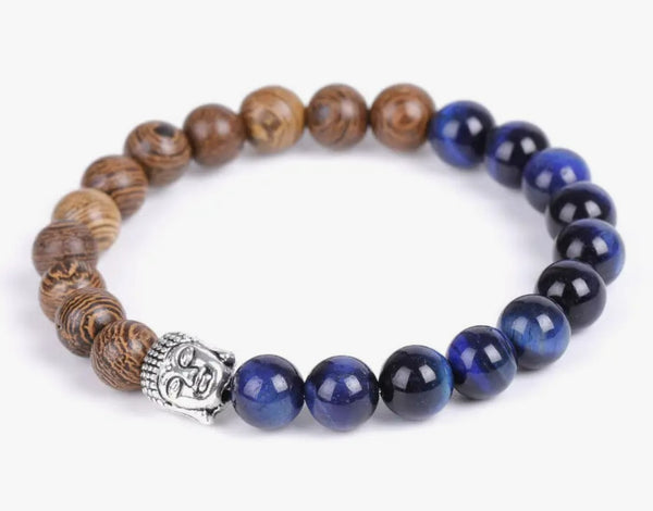 BLUE TIGER'S EYE AND WENGE WOOD THAI BUDDHA BRACELET