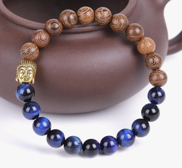 BLUE TIGER'S EYE AND WENGE WOOD THAI BUDDHA BRACELET