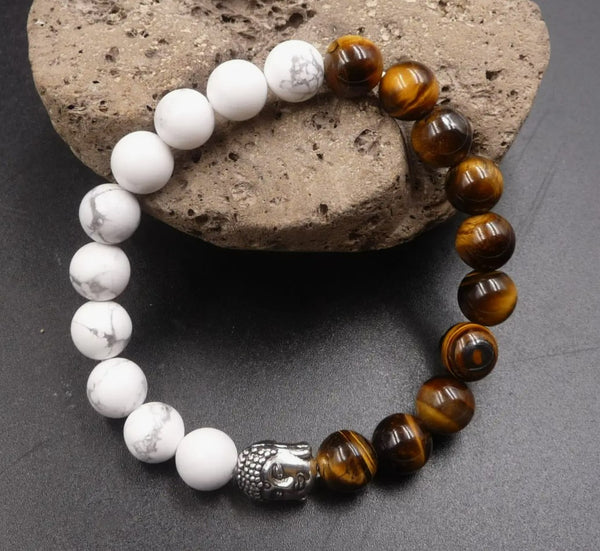 YIN YANG THAI BUDDHA BRACELET IN HOWLITE AND TIGER'S EYE